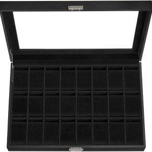 SONGMICS Watch Box, 24-Slot Watch Case, Lockable Watch Storage Box with Glass Lid, Gift Idea, Ink Black Synthetic Leather, Ink Black Lining UJWB024B02 - 8