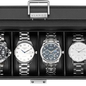 Vlando 6-Slot Watch Case for Men, Watch Box with Glass Lid, Lockable Watch Holder, Business Textured Leather Organizer Display Case, Soft Pillow, Gifts for Fathers, Dad, Husband - Black - 1