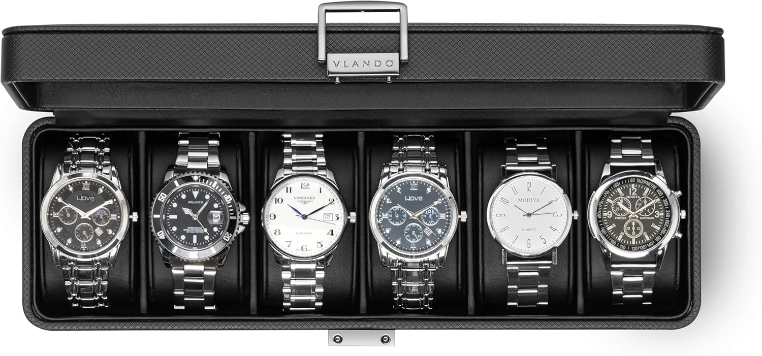 Vlando 6-Slot Watch Case for Men, Watch Box with Glass Lid, Lockable Watch Holder, Business Textured Leather Organizer Display Case, Soft Pillow, Gifts for Fathers, Dad, Husband - Black - 1