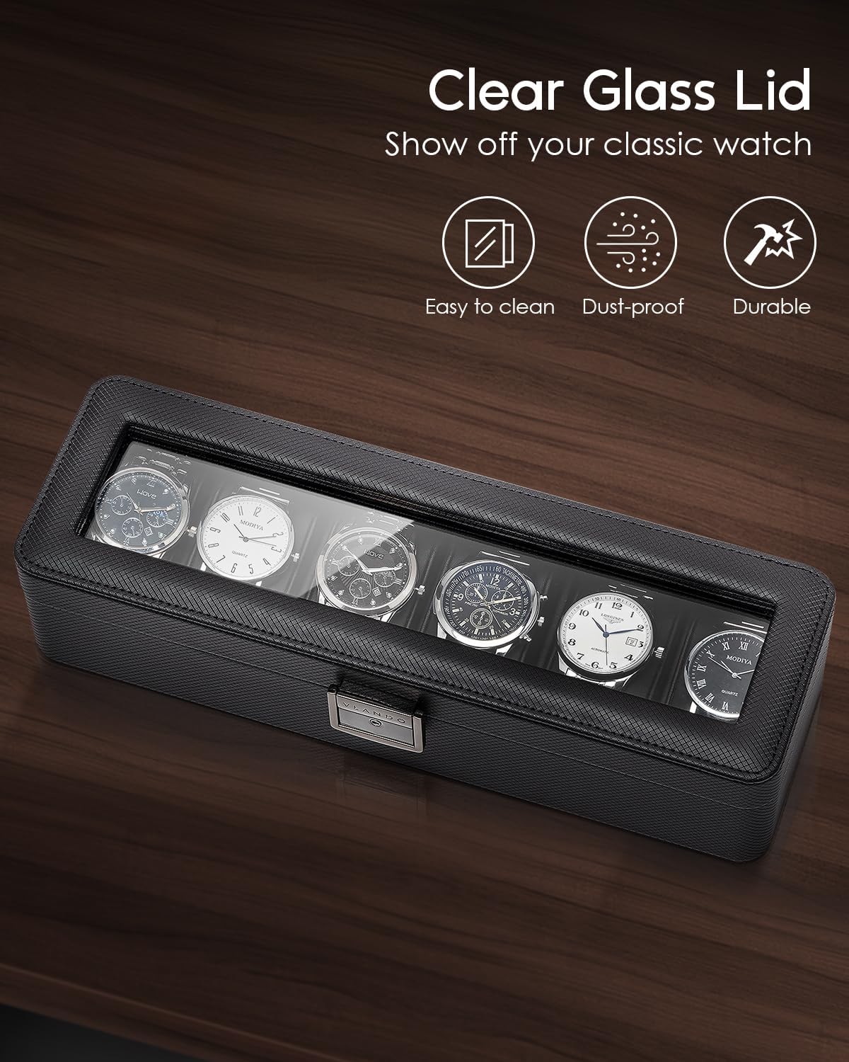 Vlando 6-Slot Watch Case for Men, Watch Box with Glass Lid, Lockable Watch Holder, Business Textured Leather Organizer Display Case, Soft Pillow, Gifts for Fathers, Dad, Husband - Black - 2