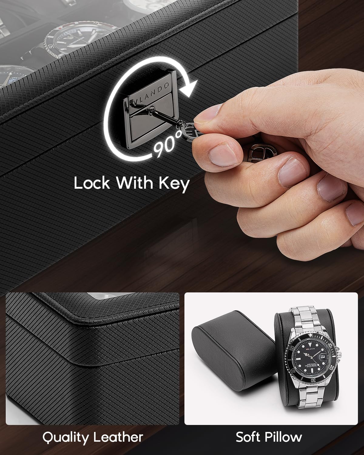 Vlando 6-Slot Watch Case for Men, Watch Box with Glass Lid, Lockable Watch Holder, Business Textured Leather Organizer Display Case, Soft Pillow, Gifts for Fathers, Dad, Husband - Black - 4