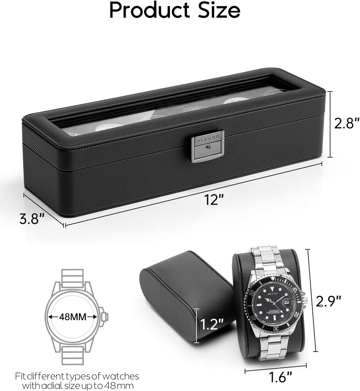 Vlando 6-Slot Watch Case for Men, Watch Box with Glass Lid, Lockable Watch Holder, Business Textured Leather Organizer Display Case, Soft Pillow, Gifts for Fathers, Dad, Husband - Black - 6