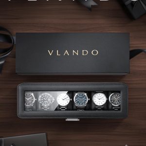 Vlando 6-Slot Watch Case for Men, Watch Box with Glass Lid, Lockable Watch Holder, Business Textured Leather Organizer Display Case, Soft Pillow, Gifts for Fathers, Dad, Husband - Black - 7