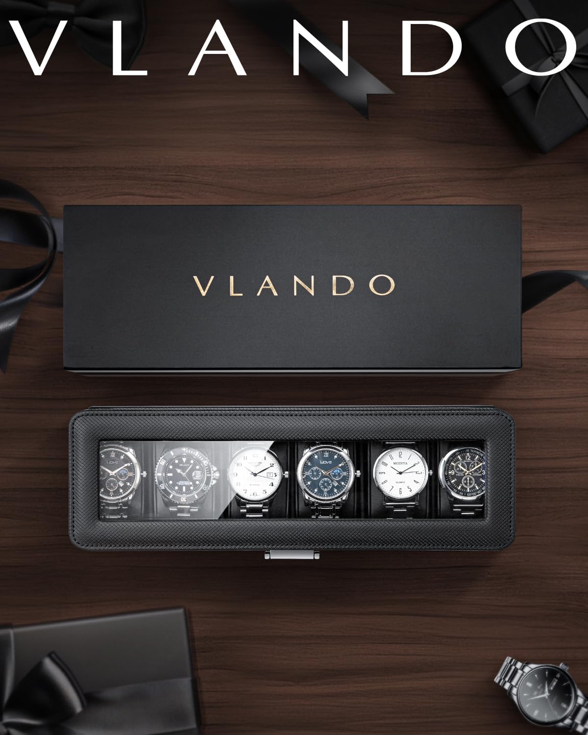 Vlando 6-Slot Watch Case for Men, Watch Box with Glass Lid, Lockable Watch Holder, Business Textured Leather Organizer Display Case, Soft Pillow, Gifts for Fathers, Dad, Husband - Black - 7