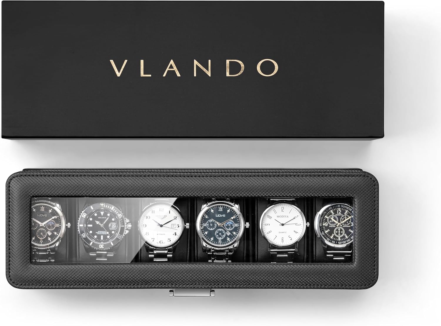 Vlando 6-Slot Watch Case for Men, Watch Box with Glass Lid, Lockable Watch Holder, Business Textured Leather Organizer Display Case, Soft Pillow, Gifts for Fathers, Dad, Husband - Black - 8