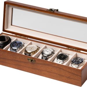 Watch Box, Watch Case for Men Women with Large Glass Lid, Wooden Watch Display Storage Box with 6 - Slots, Classic Walnut Mens Watch Box Organizer - 1