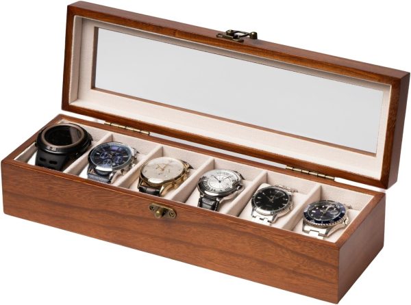 Watch Box, Watch Case for Men Women with Large Glass Lid, Wooden Watch Display Storage Box with 6 - Slots, Classic Walnut Mens Watch Box Organizer - 1