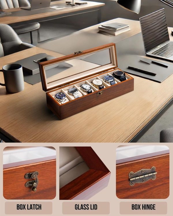 Watch Box, Watch Case for Men Women with Large Glass Lid, Wooden Watch Display Storage Box with 6 - Slots, Classic Walnut Mens Watch Box Organizer - 2