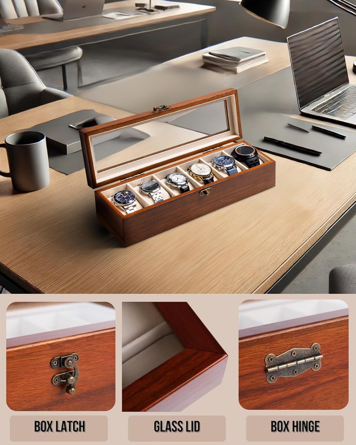 Watch Box, Watch Case for Men Women with Large Glass Lid, Wooden Watch Display Storage Box with 6 - Slots, Classic Walnut Mens Watch Box Organizer - 2