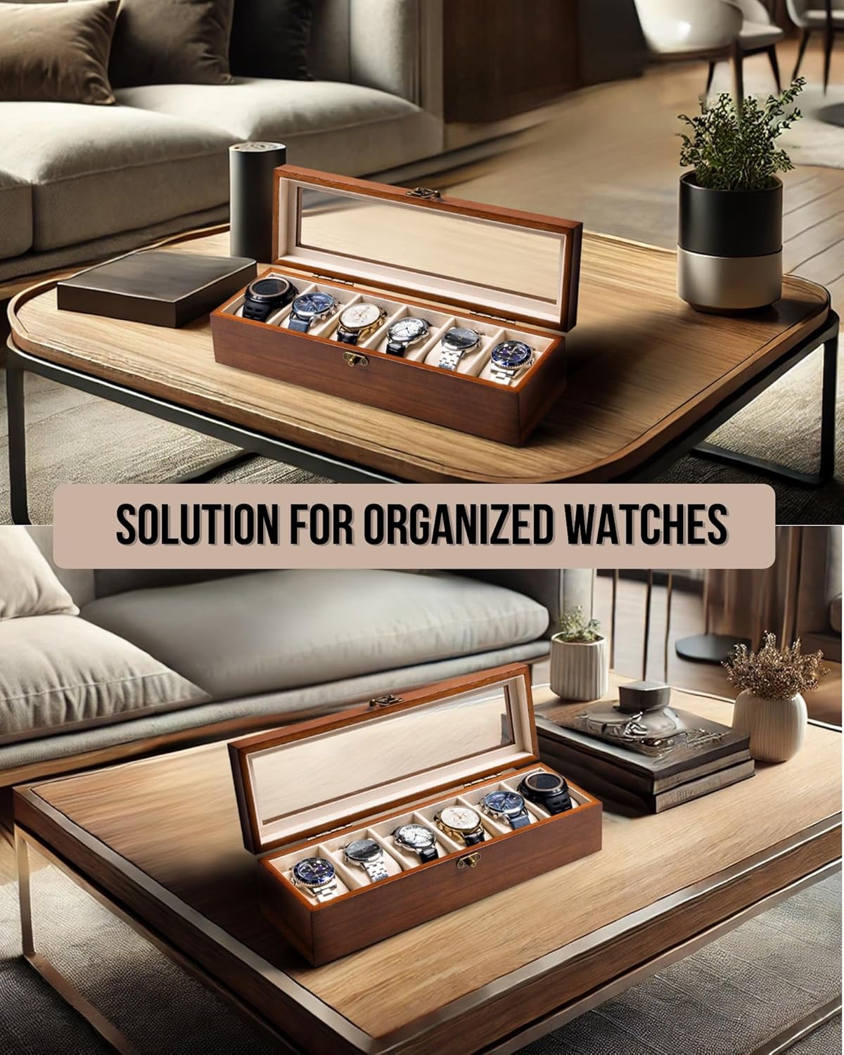 Watch Box, Watch Case for Men Women with Large Glass Lid, Wooden Watch Display Storage Box with 6 - Slots, Classic Walnut Mens Watch Box Organizer - 3