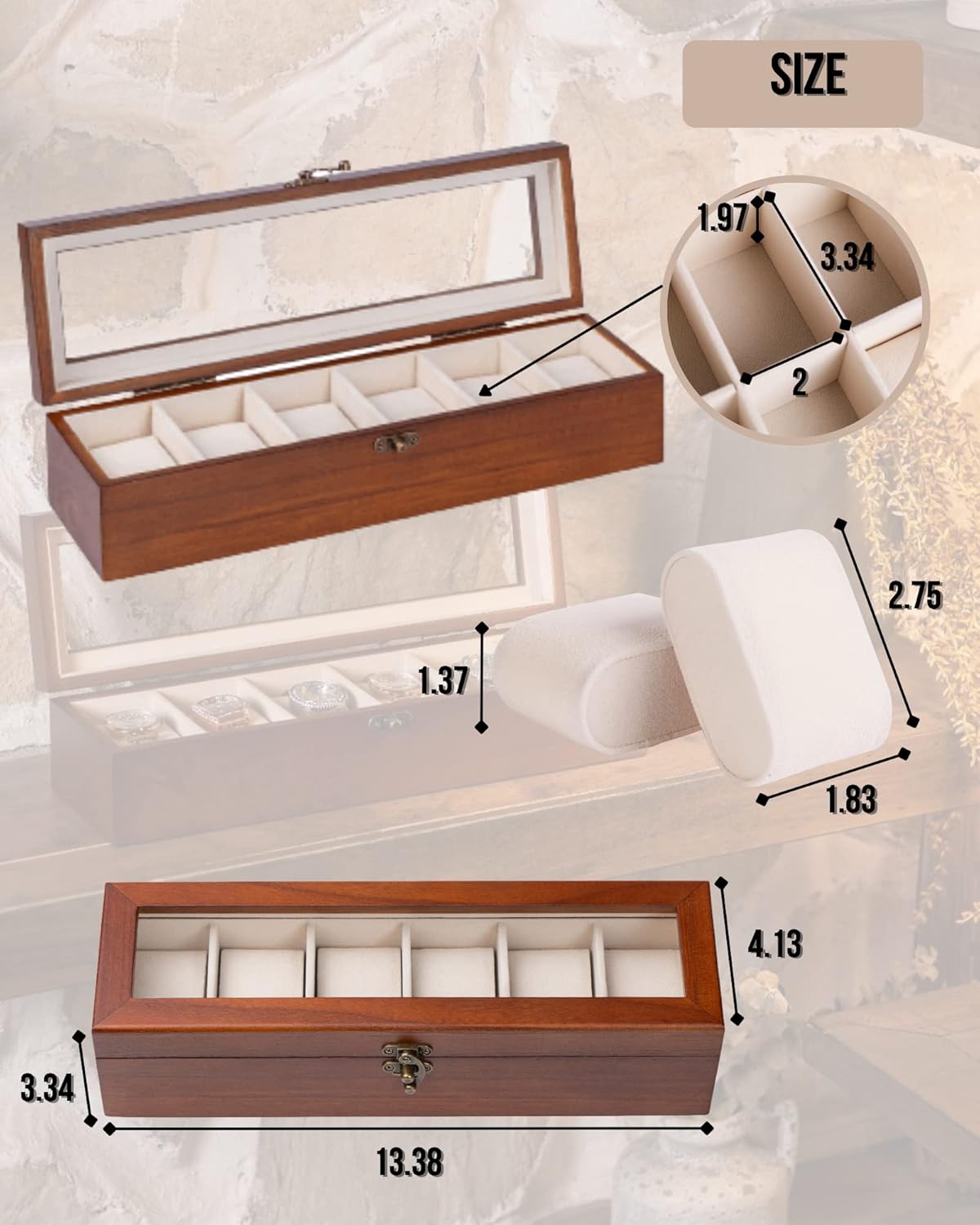Watch Box, Watch Case for Men Women with Large Glass Lid, Wooden Watch Display Storage Box with 6 - Slots, Classic Walnut Mens Watch Box Organizer - 5