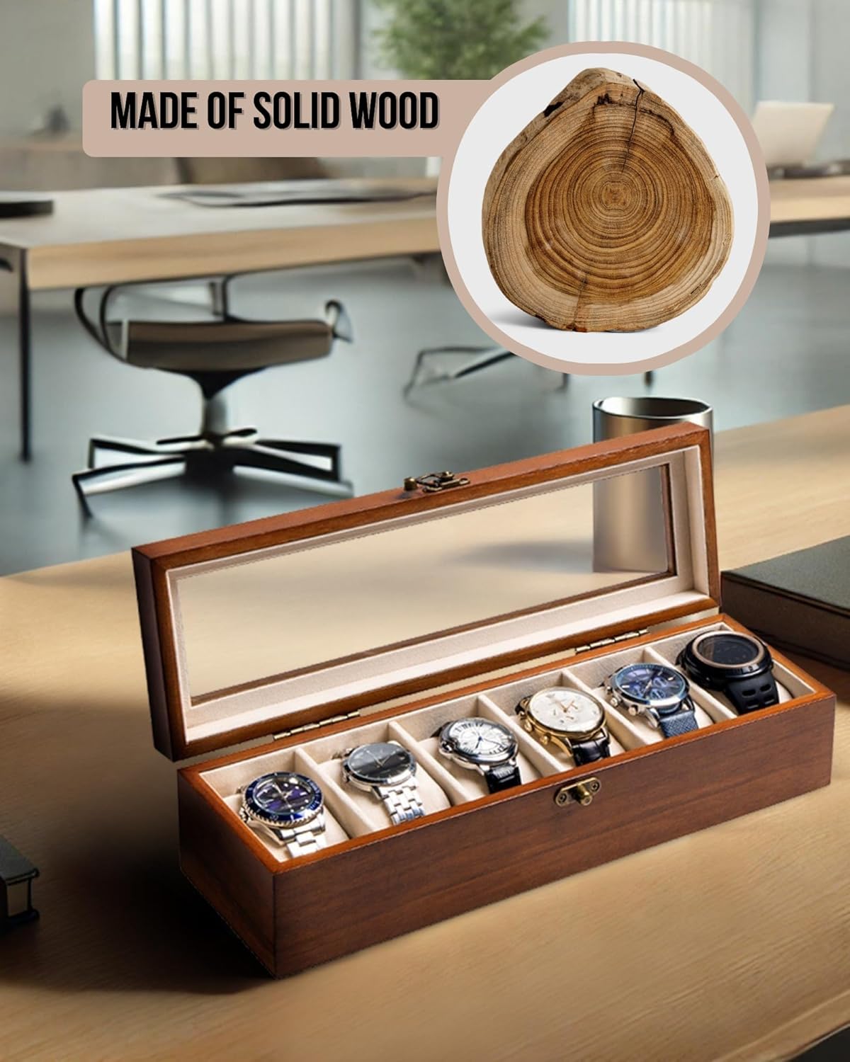 Watch Box, Watch Case for Men Women with Large Glass Lid, Wooden Watch Display Storage Box with 6 - Slots, Classic Walnut Mens Watch Box Organizer - 6