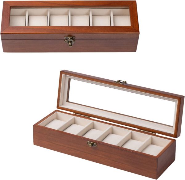 Watch Box, Watch Case for Men Women with Large Glass Lid, Wooden Watch Display Storage Box with 6 - Slots, Classic Walnut Mens Watch Box Organizer - 7