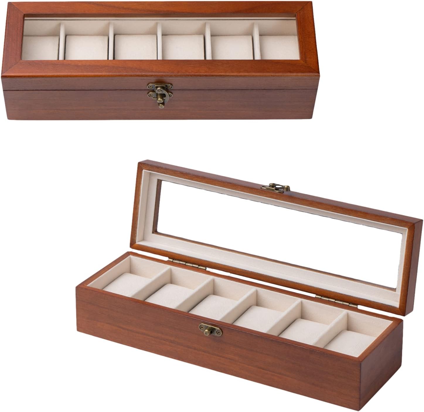 Watch Box, Watch Case for Men Women with Large Glass Lid, Wooden Watch Display Storage Box with 6 - Slots, Classic Walnut Mens Watch Box Organizer - 7