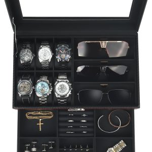 Watch Jewelry Box Organizer, 6-Slot 2-Layer Watch Case and Sunglasses Storage with Large Glass Lid, Men's Jewelry Box with Lock, Watch Holder Display Case, Gift for Men Women - 1