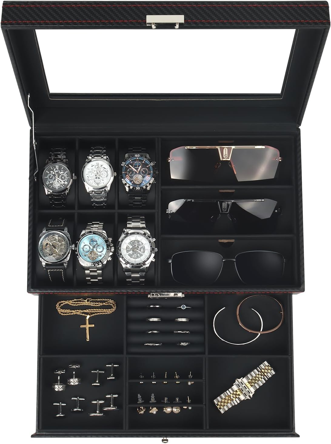 Watch Jewelry Box Organizer, 6-Slot 2-Layer Watch Case and Sunglasses Storage with Large Glass Lid, Men's Jewelry Box with Lock, Watch Holder Display Case, Gift for Men Women - 1