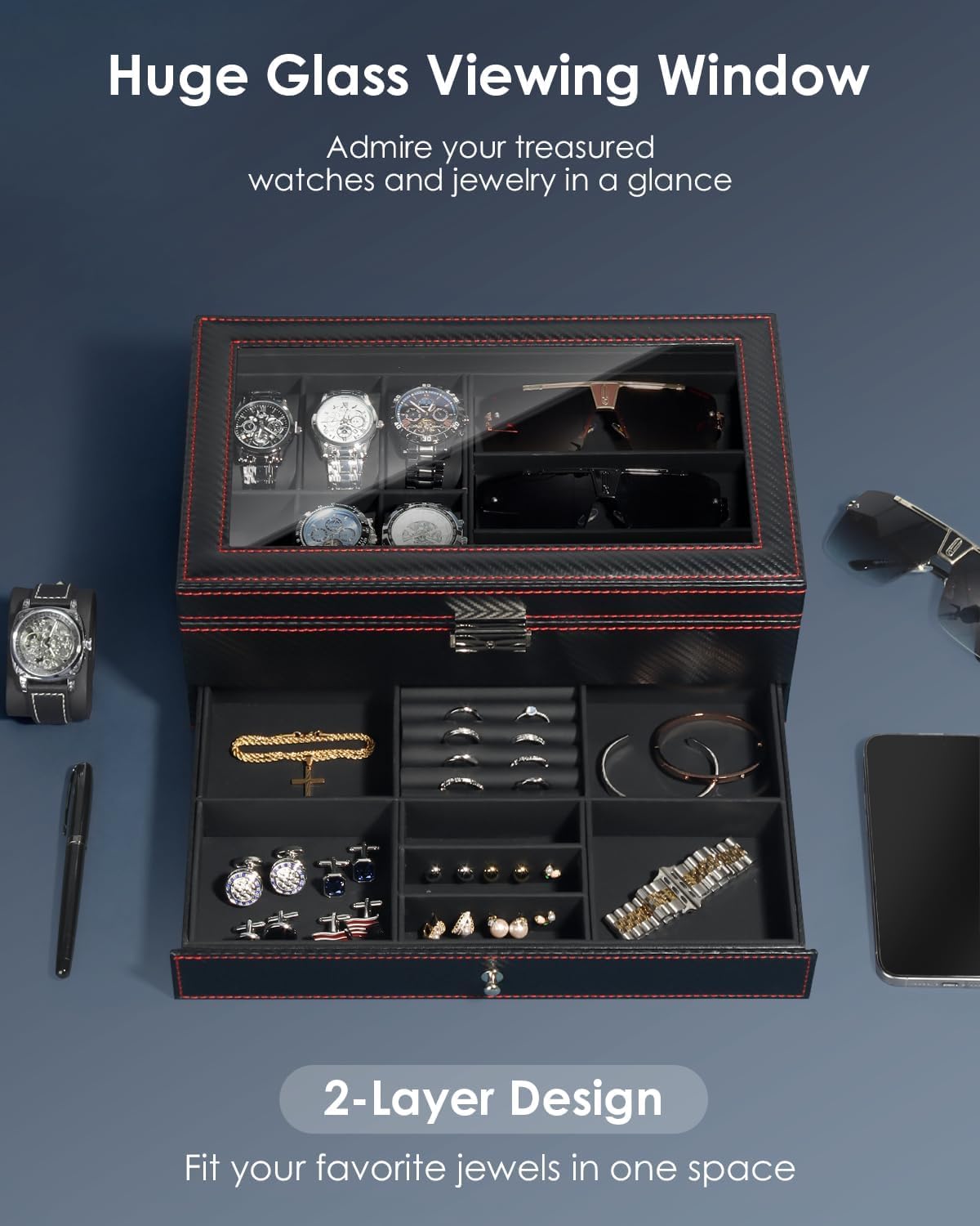 Watch Jewelry Box Organizer, 6-Slot 2-Layer Watch Case and Sunglasses Storage with Large Glass Lid, Men's Jewelry Box with Lock, Watch Holder Display Case, Gift for Men Women - 2