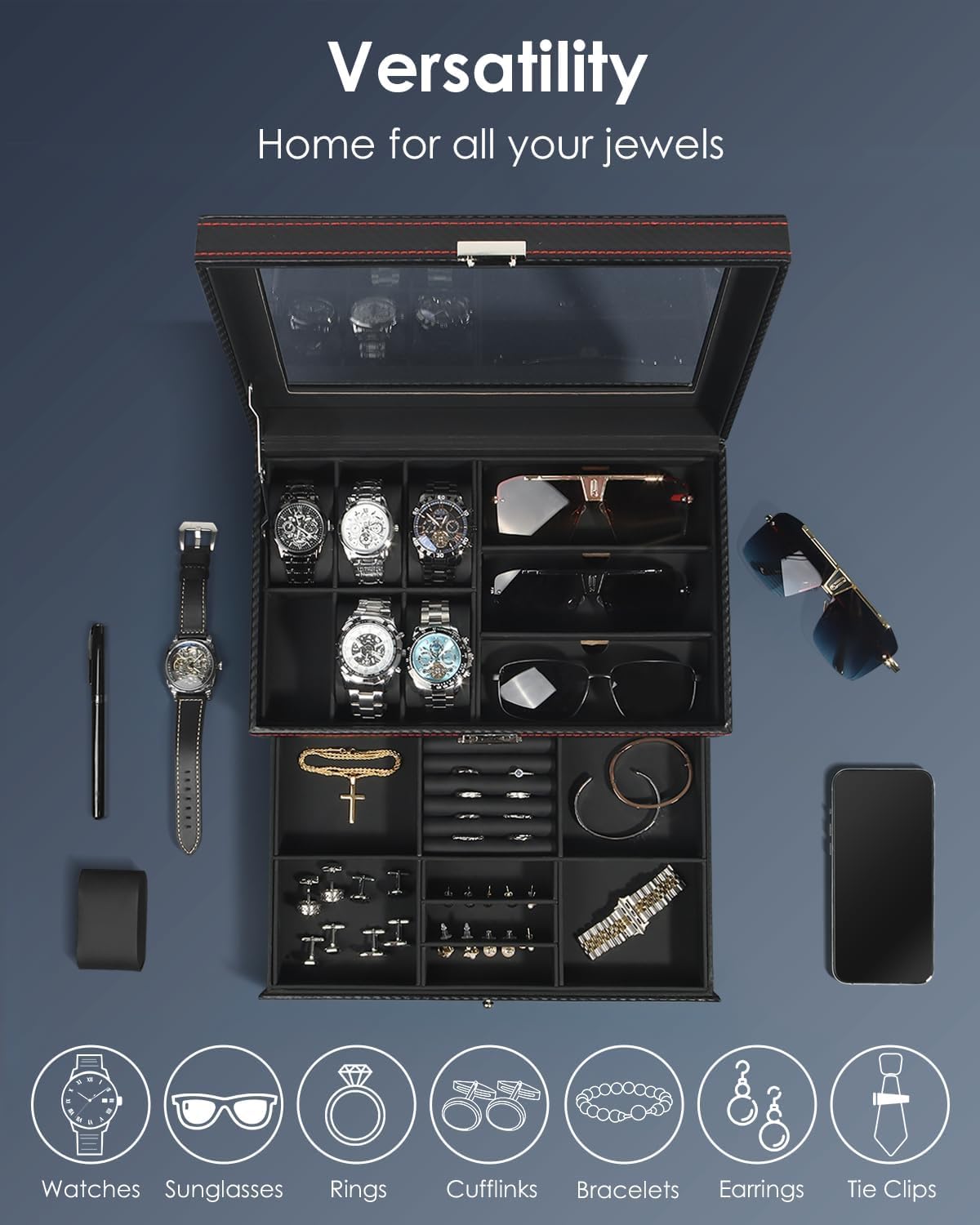 Watch Jewelry Box Organizer, 6-Slot 2-Layer Watch Case and Sunglasses Storage with Large Glass Lid, Men's Jewelry Box with Lock, Watch Holder Display Case, Gift for Men Women - 3
