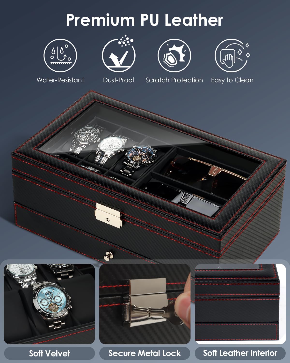 Watch Jewelry Box Organizer, 6-Slot 2-Layer Watch Case and Sunglasses Storage with Large Glass Lid, Men's Jewelry Box with Lock, Watch Holder Display Case, Gift for Men Women - 4