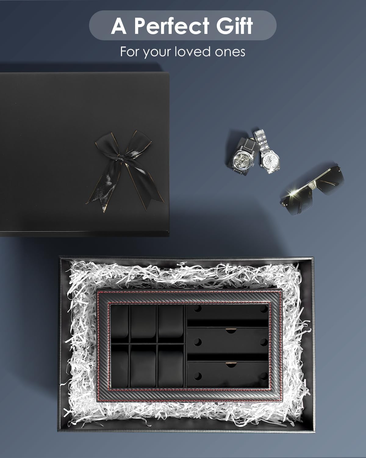 Watch Jewelry Box Organizer, 6-Slot 2-Layer Watch Case and Sunglasses Storage with Large Glass Lid, Men's Jewelry Box with Lock, Watch Holder Display Case, Gift for Men Women - 7