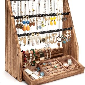 Jewelry Organizer Stand, 5 Layer Earring Holder Organizer with Necklace Holder, Rustic Wood Earring Organizer Display for Stud Earring Bracelet Necklace Ring, Watches - 1