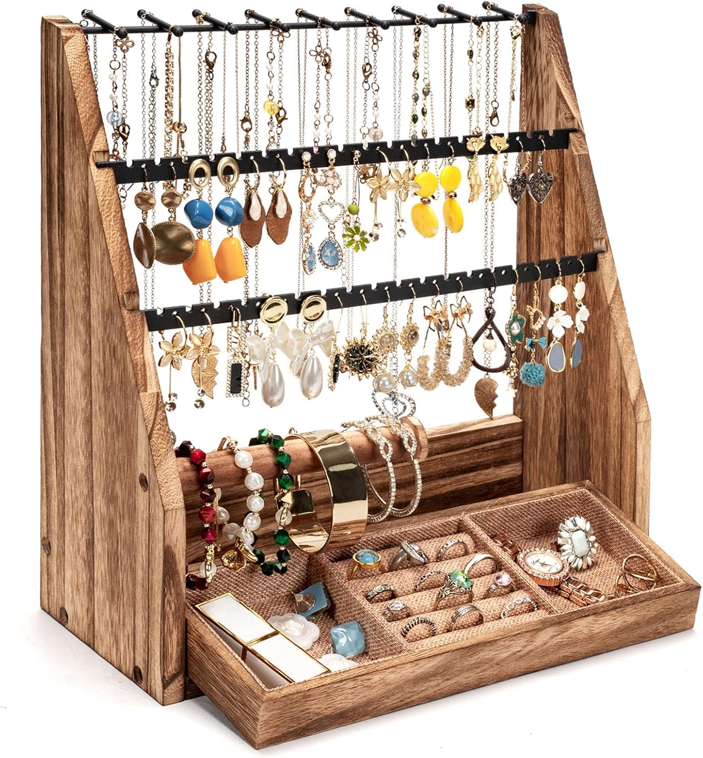 Jewelry Organizer Stand, 5 Layer Earring Holder Organizer with Necklace Holder, Rustic Wood Earring Organizer Display for Stud Earring Bracelet Necklace Ring, Watches - 1