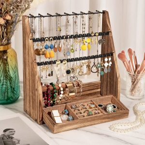Jewelry Organizer Stand, 5 Layer Earring Holder Organizer with Necklace Holder, Rustic Wood Earring Organizer Display for Stud Earring Bracelet Necklace Ring, Watches - 2