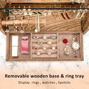 Jewelry Organizer Stand, 5 Layer Earring Holder Organizer with Necklace Holder, Rustic Wood Earring Organizer Display for Stud Earring Bracelet Necklace Ring, Watches - 3
