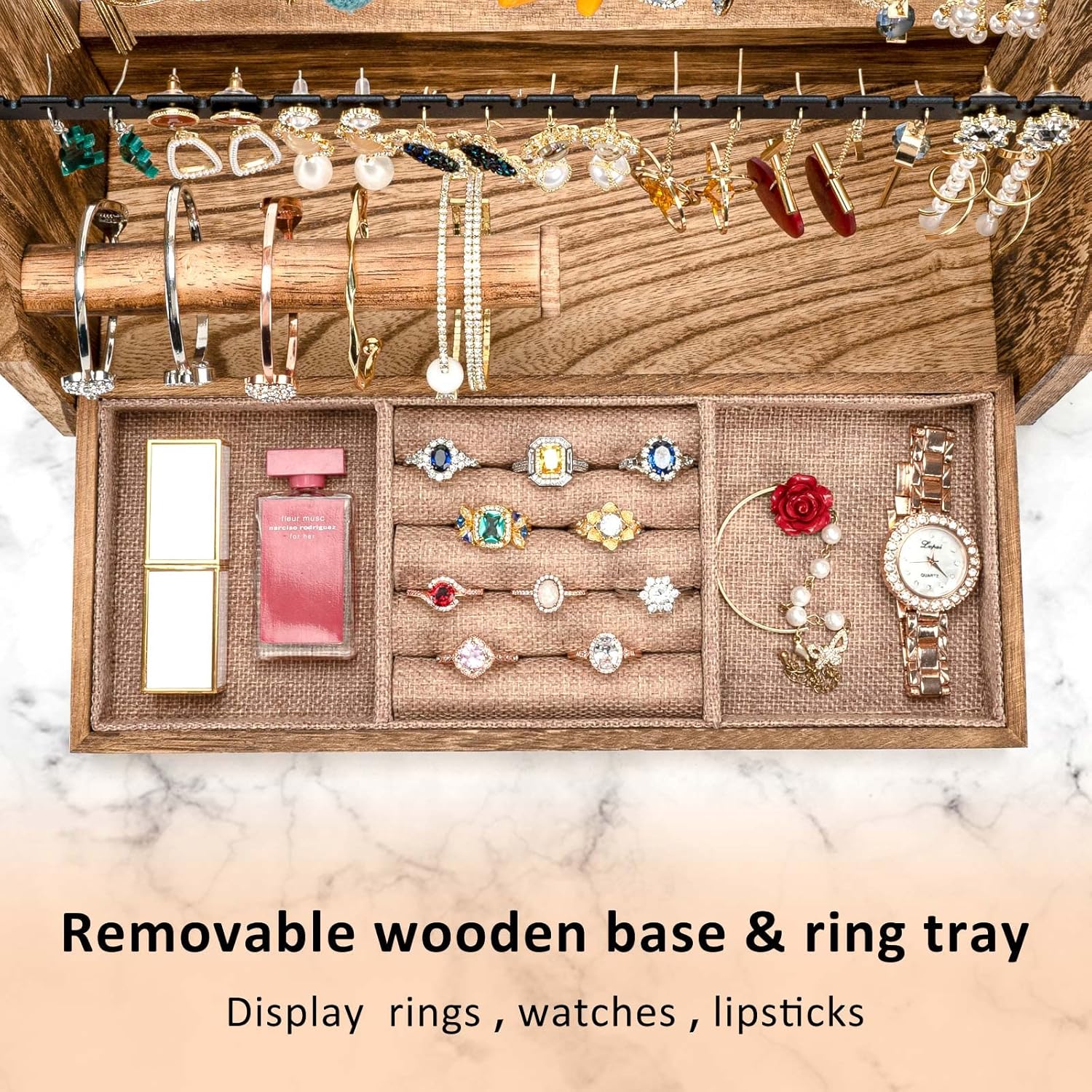 Jewelry Organizer Stand, 5 Layer Earring Holder Organizer with Necklace Holder, Rustic Wood Earring Organizer Display for Stud Earring Bracelet Necklace Ring, Watches - 3