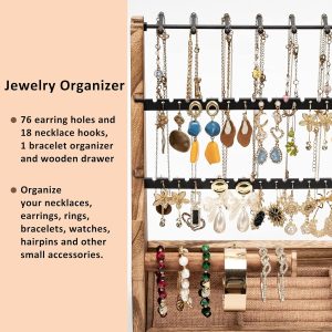 Jewelry Organizer Stand, 5 Layer Earring Holder Organizer with Necklace Holder, Rustic Wood Earring Organizer Display for Stud Earring Bracelet Necklace Ring, Watches - 4