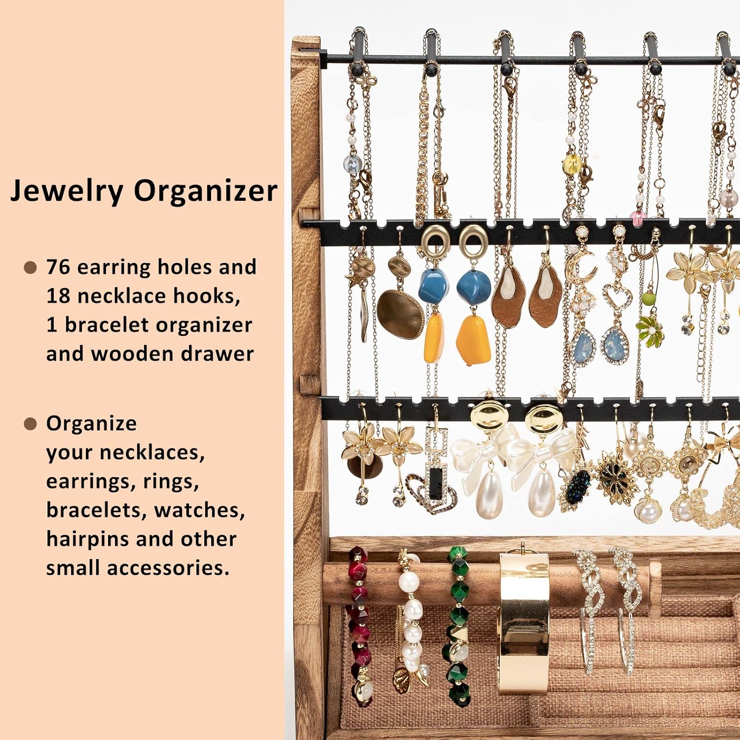 Jewelry Organizer Stand, 5 Layer Earring Holder Organizer with Necklace Holder, Rustic Wood Earring Organizer Display for Stud Earring Bracelet Necklace Ring, Watches - 4