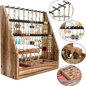 Jewelry Organizer Stand, 5 Layer Earring Holder Organizer with Necklace Holder, Rustic Wood Earring Organizer Display for Stud Earring Bracelet Necklace Ring, Watches - 5