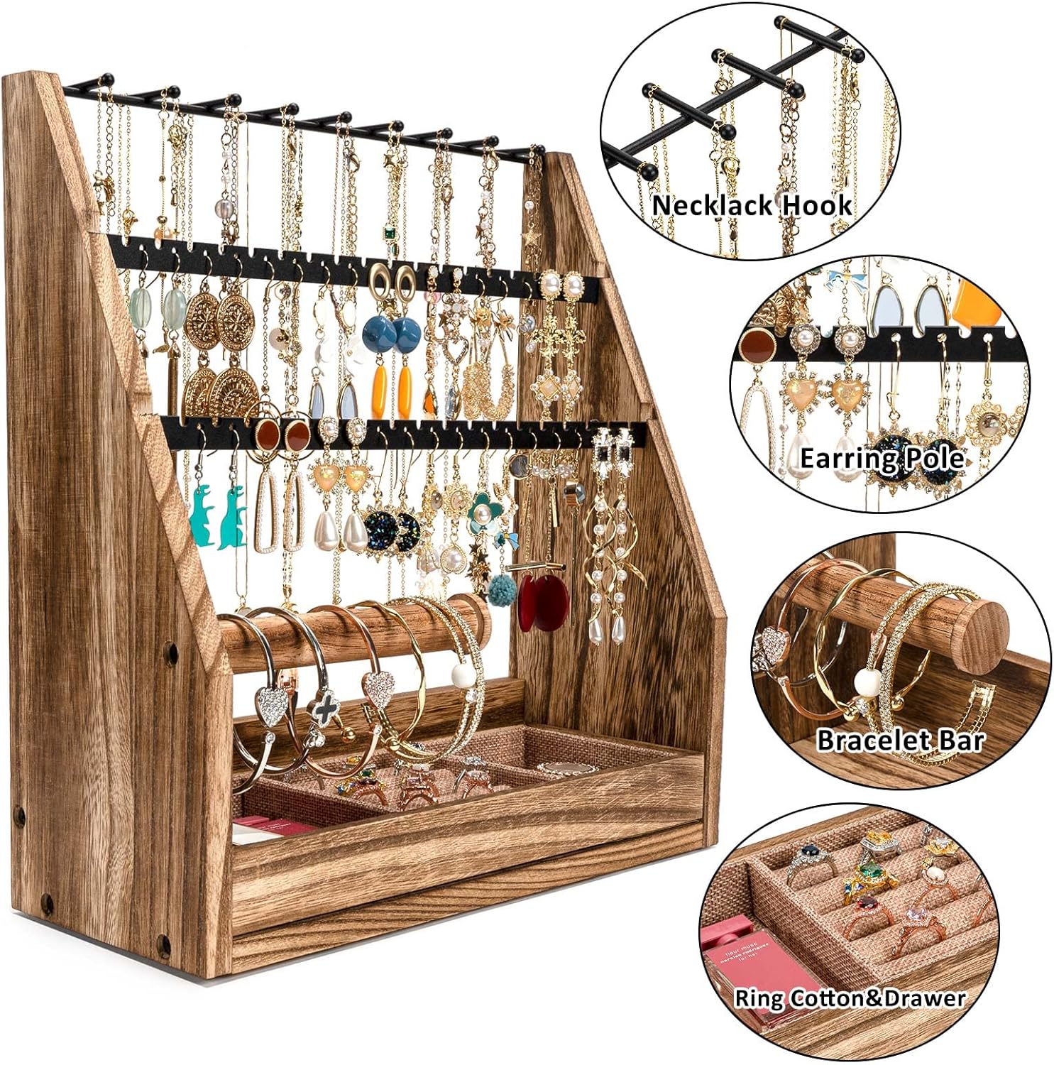 Jewelry Organizer Stand, 5 Layer Earring Holder Organizer with Necklace Holder, Rustic Wood Earring Organizer Display for Stud Earring Bracelet Necklace Ring, Watches - 5