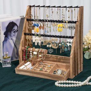 Jewelry Organizer Stand, 5 Layer Earring Holder Organizer with Necklace Holder, Rustic Wood Earring Organizer Display for Stud Earring Bracelet Necklace Ring, Watches - 6