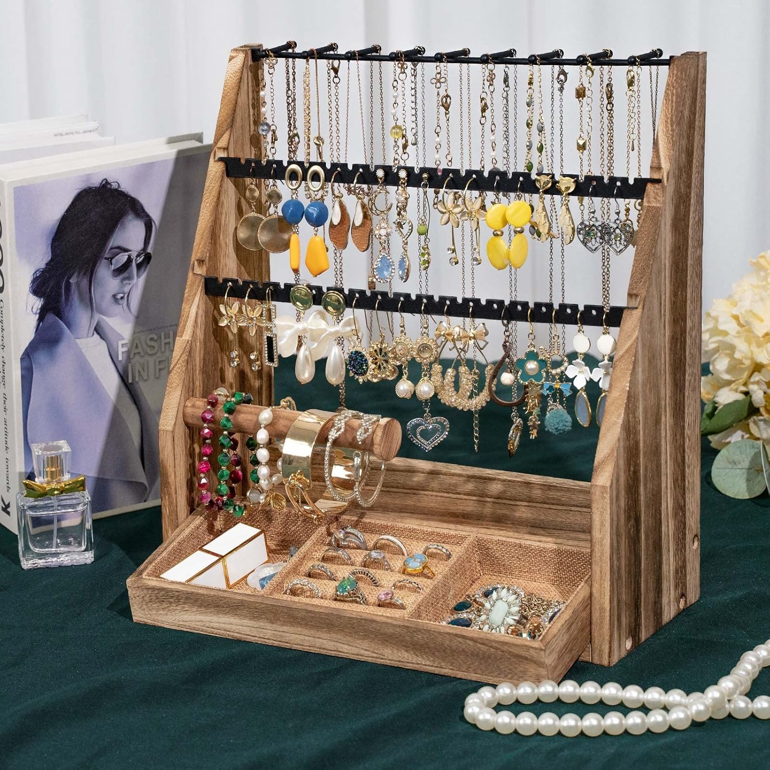 Jewelry Organizer Stand, 5 Layer Earring Holder Organizer with Necklace Holder, Rustic Wood Earring Organizer Display for Stud Earring Bracelet Necklace Ring, Watches - 6
