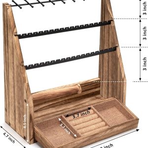 Jewelry Organizer Stand, 5 Layer Earring Holder Organizer with Necklace Holder, Rustic Wood Earring Organizer Display for Stud Earring Bracelet Necklace Ring, Watches - 7
