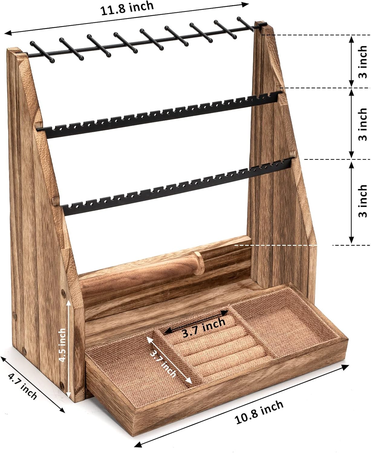 Jewelry Organizer Stand, 5 Layer Earring Holder Organizer with Necklace Holder, Rustic Wood Earring Organizer Display for Stud Earring Bracelet Necklace Ring, Watches - 7