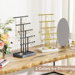 Love-KANKEI Jewelry Organizer Stand, 5 Tier Large Necklace Holder with Wood Base, Jewelry holder stand Tree for Display, Bracelets Earrings Rings, Height Adjustable Gift Weathered Grey - 8