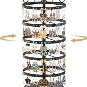 MODOWEY 5 Tiers Metal Rotating Earring Holder Organizer Stand Adjustable Display Tree, 220 Holes Large Carousel Rack for Stud Hoop Pierced Dangling Women, Ideal View for All Earrings, Black - 1