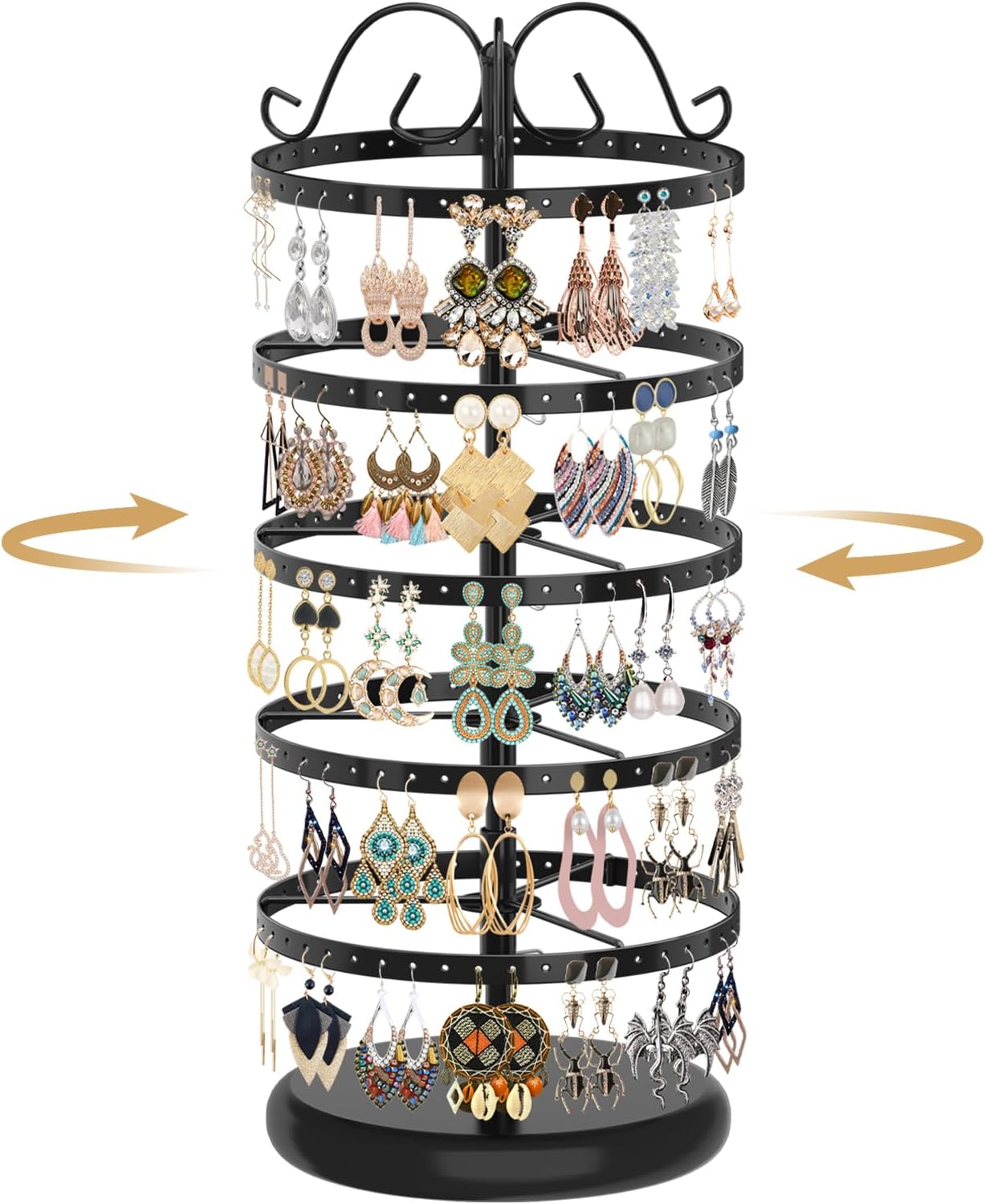 MODOWEY 5 Tiers Metal Rotating Earring Holder Organizer Stand Adjustable Display Tree, 220 Holes Large Carousel Rack for Stud Hoop Pierced Dangling Women, Ideal View for All Earrings, Black - 1