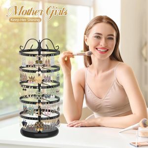 MODOWEY 5 Tiers Metal Rotating Earring Holder Organizer Stand Adjustable Display Tree, 220 Holes Large Carousel Rack for Stud Hoop Pierced Dangling Women, Ideal View for All Earrings, Black - 2