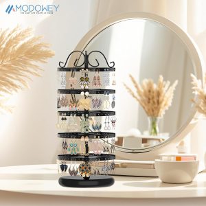 MODOWEY 5 Tiers Metal Rotating Earring Holder Organizer Stand Adjustable Display Tree, 220 Holes Large Carousel Rack for Stud Hoop Pierced Dangling Women, Ideal View for All Earrings, Black - 3
