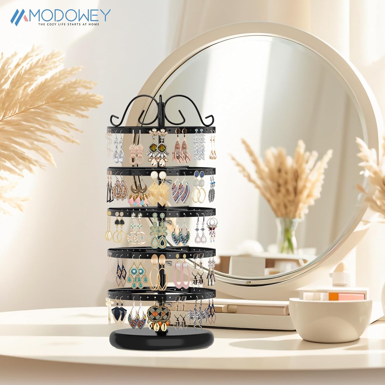 MODOWEY 5 Tiers Metal Rotating Earring Holder Organizer Stand Adjustable Display Tree, 220 Holes Large Carousel Rack for Stud Hoop Pierced Dangling Women, Ideal View for All Earrings, Black - 3