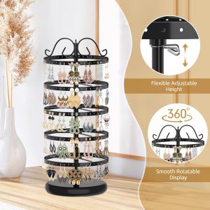 MODOWEY 5 Tiers Metal Rotating Earring Holder Organizer Stand Adjustable Display Tree, 220 Holes Large Carousel Rack for Stud Hoop Pierced Dangling Women, Ideal View for All Earrings, Black - 4