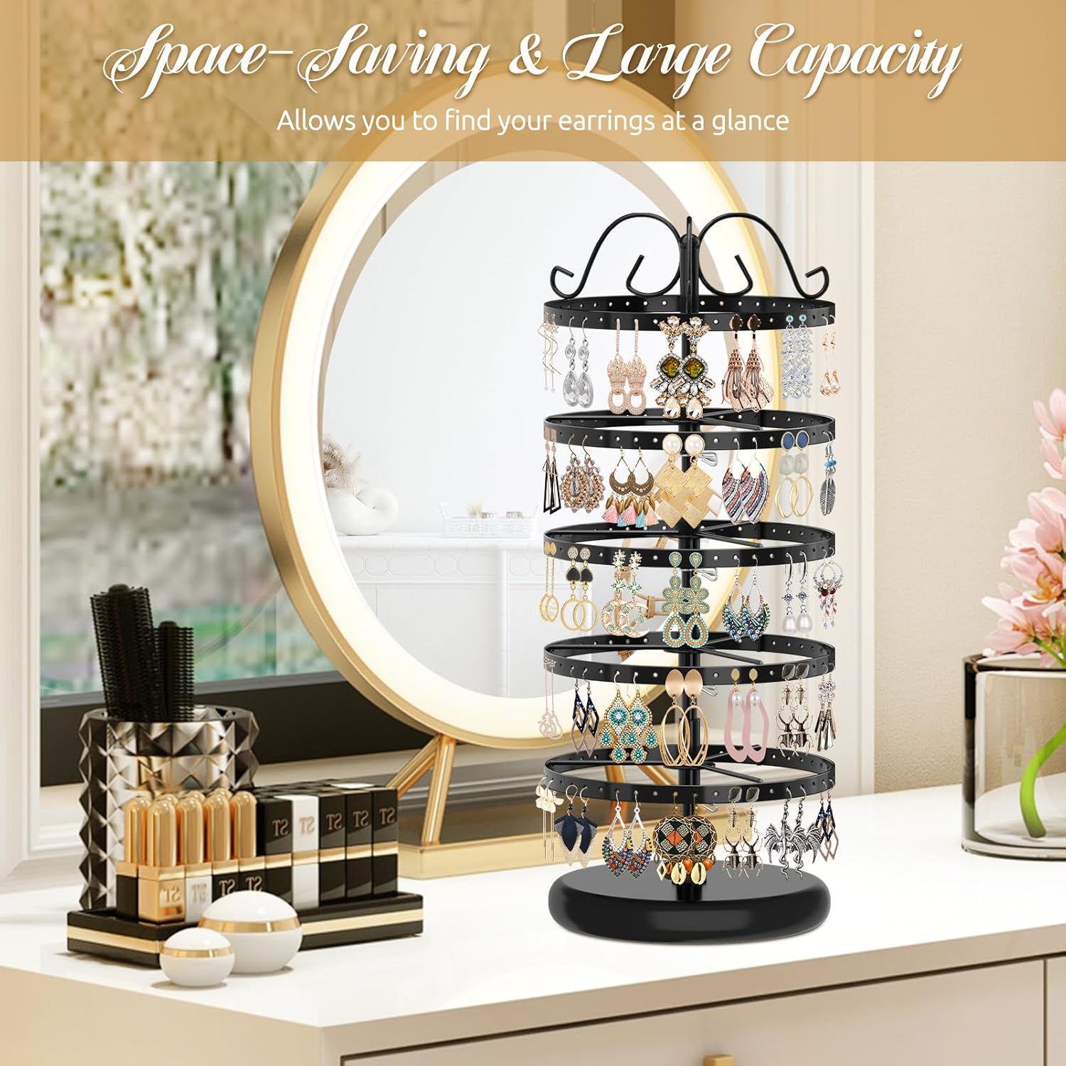 MODOWEY 5 Tiers Metal Rotating Earring Holder Organizer Stand Adjustable Display Tree, 220 Holes Large Carousel Rack for Stud Hoop Pierced Dangling Women, Ideal View for All Earrings, Black - 5