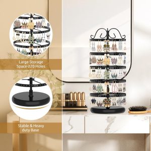MODOWEY 5 Tiers Metal Rotating Earring Holder Organizer Stand Adjustable Display Tree, 220 Holes Large Carousel Rack for Stud Hoop Pierced Dangling Women, Ideal View for All Earrings, Black - 6