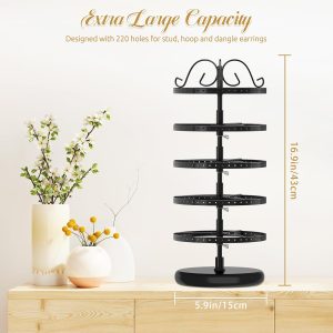 MODOWEY 5 Tiers Metal Rotating Earring Holder Organizer Stand Adjustable Display Tree, 220 Holes Large Carousel Rack for Stud Hoop Pierced Dangling Women, Ideal View for All Earrings, Black - 7