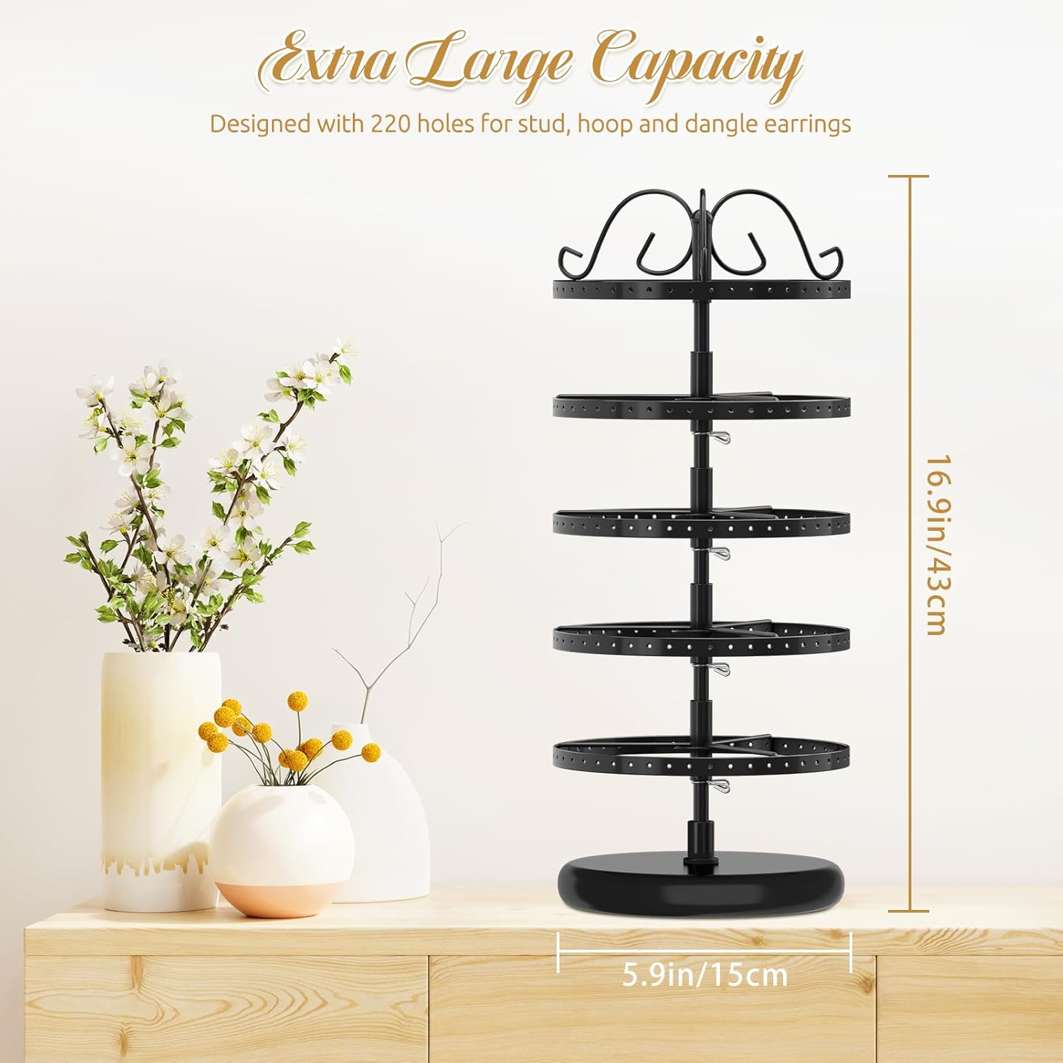 MODOWEY 5 Tiers Metal Rotating Earring Holder Organizer Stand Adjustable Display Tree, 220 Holes Large Carousel Rack for Stud Hoop Pierced Dangling Women, Ideal View for All Earrings, Black - 7