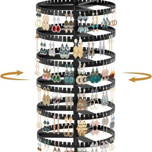 MODOWEY 6 Tier Rotating Earring Holder Organizer Display Tree with Metal Tray, Adjustable Plastic Stand with 342 Slots for Stud Hoop Hanger, Large Capacity Storage Rack - 1