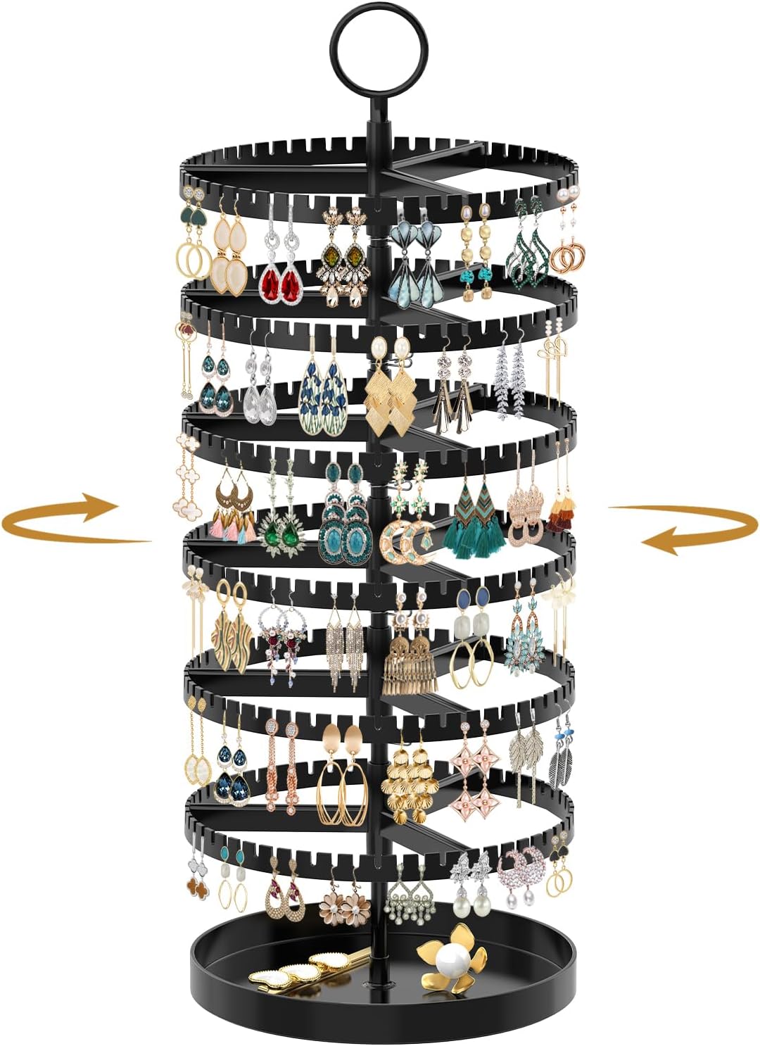 MODOWEY 6 Tier Rotating Earring Holder Organizer Display Tree with Metal Tray, Adjustable Plastic Stand with 342 Slots for Stud Hoop Hanger, Large Capacity Storage Rack - 1